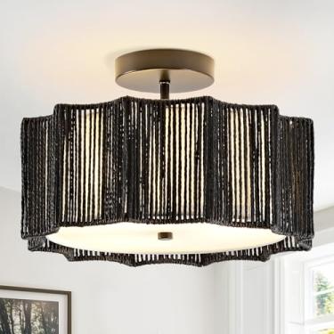 Imagem de SupMaka Luminárias Boho - Mini Luminária De Teto Estilo Fazenda Vime Preto 12,6" Com 3 Luzes Para Cozinha, Quarto, Sala Jantar E Estar