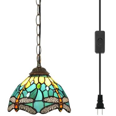Imagem de Blivuself Luminária Pendente Tiffany Com Abajur De 8" Estilo Libélula Verde, Suspensa Feita À Mão, Vidro Colorido Altura Ajustável Para Ilha Cozinha, Sala Jantar E Corredor
