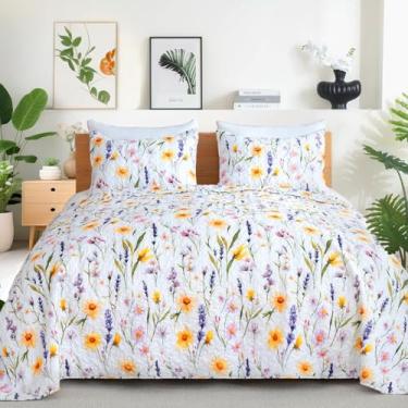 Imagem de ROMROL Conjunto de colcha king size, floral, conjunto de 3 peças, colcha acolchoada, leve, estilo patchwork, macio, reversível e acolchoado, com 2 fronhas para todas as estações (228 x 269 cm)