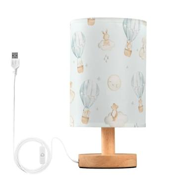 Imagem de YYZZH Abajur De Mesa Em Aquarela Com Balão Ar Quente, Elefante, Coelho, Urso, Rato, Lua, Estrela, Cabeceira Base Madeira, Tecido, Para Sala Estar, Quarto, Escritório Infantil