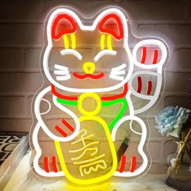 Imagem de CinsYarn Letreiro De Neon Com Gato Da Sorte Acenando Para Decoração Parede, Fortuna, Led Animado, Maneki Neko, Iluminado, Casa, Negócios, Arte Japonesa, Restaurante, Loja Ramen, Bar, Quarto, Escritó