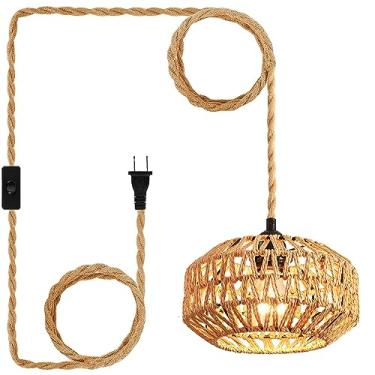 Imagem de IHENGYANLT Luminária Pendente De Vime Com Interruptor, Teto Semi-Embutida Estilo Boho, Corredor Feita À Mão Para Quarto, Entrada E Cozinha