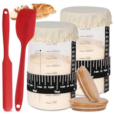 Imagem de Xileanalee Kit De Potes Para Fermento Natural Pro, 2 Unidades - 35 Oz Pão Com Faixa Alimentação Marcada Data, Termômetro, Espátula, Capa Pano E Tampa (2 Unidades)