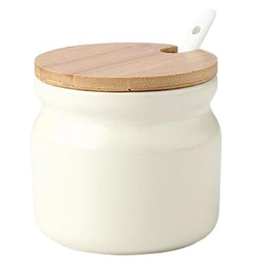 Imagem de LVOERTUIG Açucareiro De Cerâmica, Tigela Porcelana Com Tampa Madeira E Colher, Pote Condimentos 300 Ml, Recipiente Para Especiarias Cozinha Doméstica, Sirva Açúcar, Sal Ou Pimenta (Bege)