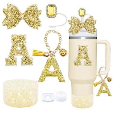 Imagem de Conjunto de acessórios de copo dourado de 7 peças para Stanley Cup 850 g/1,134 g, inclui tampa de canudo de joias, tampa à prova de derramamento, decorações de iniciais, pingente de alça, bota de