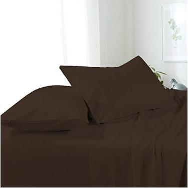 Imagem de Lençóis para cama d'água anexados 100% algodão egípcio 600 fios para cama d'água California King Size 4 peças, conjunto de lençóis para cama de água Poceket profundo de 38 cm, cor sólida chocolate