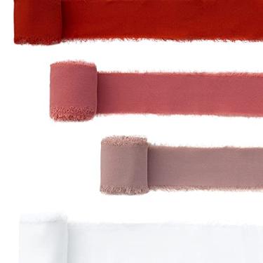 Imagem de Fita de franja de chiffon Crimson Memory com 4 rolos - bordas desgastadas parecidas com seda, 5 cm x 5 metros para buquês, embrulho, decoração, casamento, gravata, convites, artesanato