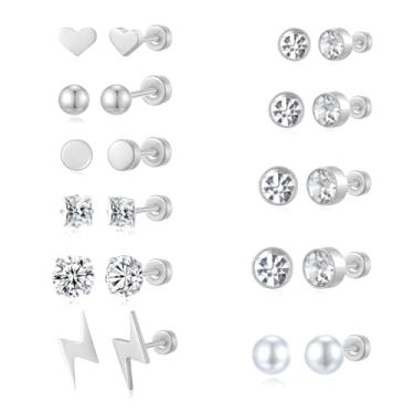 Imagem de PICKBEAU Conjunto de brincos femininos, banhado a ouro branco 14K, hipoalergênico, coração, pérola, bola, zircônia cúbica, aço inoxidável, multiformas, pacote de brincos com costas planas, prata