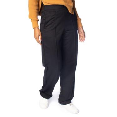 Imagem de Calça Feminina Giraffe Frisos Cós Alto Tecido Leve Preto, Preto, GG