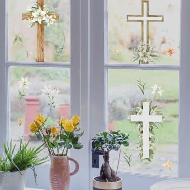 Imagem de Alwayspon Adesivos de janela de Páscoa dupla face para janela de crianças, decalques religiosos brancos de janela cruzada para crianças, crianças e adultos, decoração de festa de berçário
