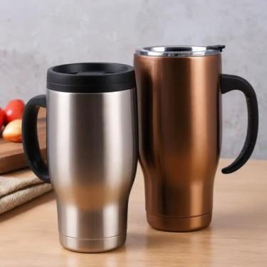 Imagem de Caneca Térmica Parede Dupla em Aço Inox Marrom 650ml com Tampa Flip - Estilo Texturizado