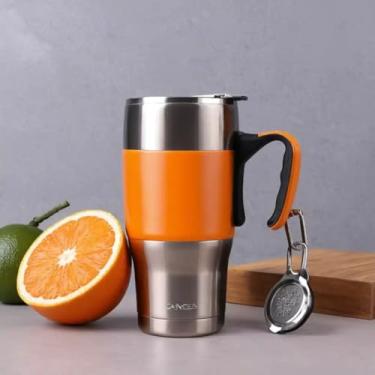 Imagem de Caneca Térmica Parede Dupla em Aço Inox Laranja 700ml com Tampa Flip - Estilo Esportivo