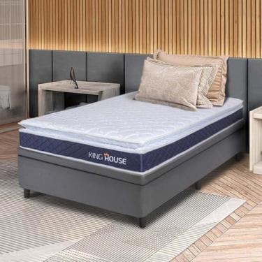 Imagem de Conjunto Box Baú Cinza Durban Azul Espuma D28 Solteiro 96x203x64 - King House