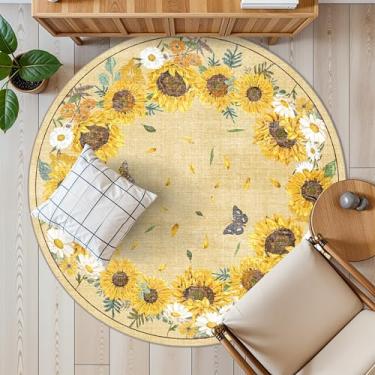 Imagem de BYYVOO Tapete redondo 1,2 m Lavável: Tapetes antiderrapantes de girassol para sala de estar, berçário, sala de jantar - Tapete macio resistente a manchas fácil de limpar para família com animais de