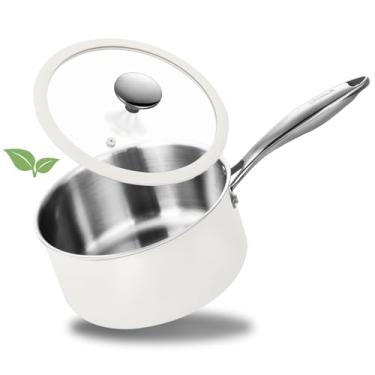 Imagem de SAKAMOSH Panela de aço inoxidável de três camadas de 1,5 litros com tampa de vidro, panela de indução compatível com todas as cooktops, panela de molho não tóxica com alça para ficar fresca, pode ir