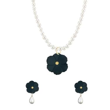 Imagem de QIAOLEHUI Colar gargantilha de flor de pérola para mulheres, conjunto de brincos florais, colar com pingente e contas de pérolas, joias para mulheres, Large, Metal, Sem Pedra Preciosa