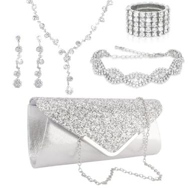 Imagem de Conjunto de joias de prata feminino, colar de strass brilhante, brincos, pulseiras, glitter, bolsa clutch acessórios prateados para mulheres, noiva, casamento, dama de honra, festa noturna, formatura