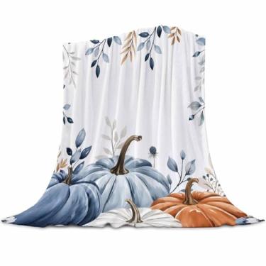 Imagem de Cobertor de outono azul branco abóbora cobertores e mantas macias e aconchegantes flanela lã outono eucalipto cobertor para sofá-cama sofá cadeira outono feriado festa de ação de graças decoração