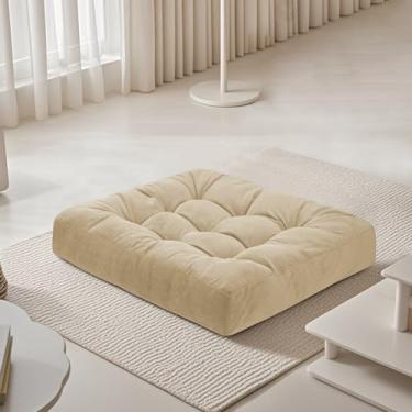 Imagem de FlyGulls Almofada de piso de meditação 55 × 55 cm, 1 pacote com almofadas grandes para adultos, almofadas quadradas de veludo cotelê tufado para ioga, sala de tatame, bege