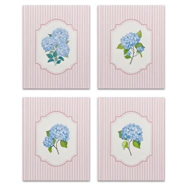 Imagem de OFJE Conjunto de 4 impressões de arte de parede floral de hortênsia azul, decoração de arte de parede de flor de hortênsia rosa rústica para quarto de meninas, casa, sala de estar, 20 x 25 sem moldura