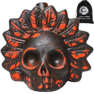 Imagem de Jafermox Máscara de caveira de penas apito da morte asteca - apito de grito fantasma para Halloween, pegadinhas, decoração, autodefesa - cerâmica feita à mão - grito humano alto - vermelho