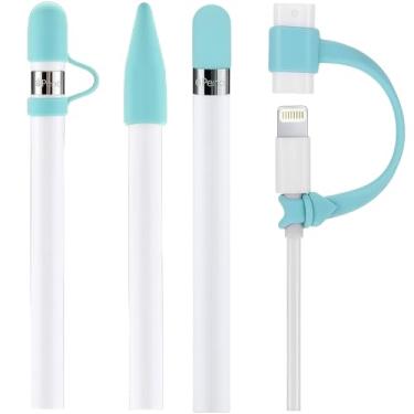 Imagem de siduater [Pacote com 4] Acessórios de proteção de silicone para Apple Pencil 1ª geração, inclui 1 tampa de substituição para Apple Pencil, suporte de tampa, capa de ponta, cabo adaptador (verde)
