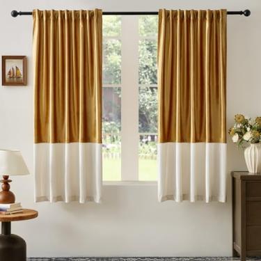 Imagem de Cortinas de veludo para sala de estar dourado creme marfim 160 cm de comprimento, 2 painéis, cortinas blackout modernas com bloco de cores, bolso traseiro para varão, cortinas à prova de som, para