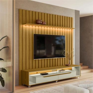 Imagem de Painel Ripado com Led London 177cm e Rack Loop com Rodízios TV 70 Polegadas – Olivar Móveis