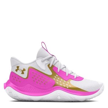 Imagem de Under Armour Tênis de basquete unissex Jet '23 adulto, (105) Branco/Magenta vívido/Ouro Metálico, 17.5 Women/16 Men