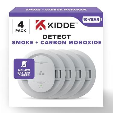 Imagem de Kidde Detector de fumaça e monóxido de carbono, alimentado por bateria de 10 anos, indicadores de luz de advertência LED, pacote com 4