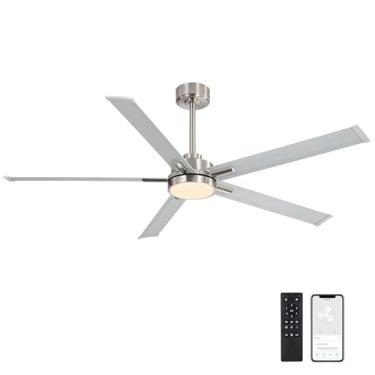 Imagem de ELEHINSER Ventilador de teto inteligente de 152 cm com luz, controle remoto/aplicativo, luzes LED reguláveis, motor CC de 6 velocidades, 5 lâminas de alumínio ventiladores de teto industriais