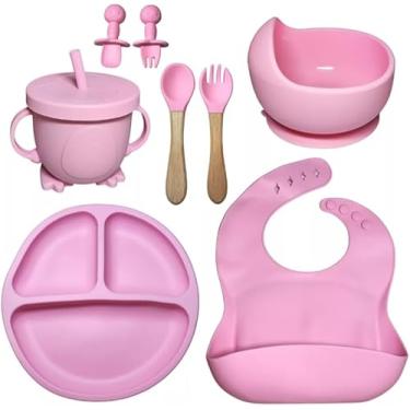 Imagem de Kit de Alimentação para Bebê, 8 Peças, Silicone, Rosa, com Tigelas, Talheres e Babador