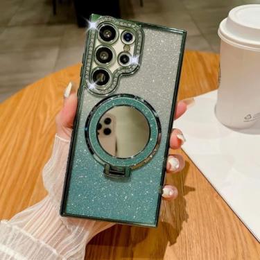 Imagem de HJZSZX para Samsung A54 Luxury Clear Glitter Case Espelho Magnético Suporte de Telefone Capa (para Samsung A54/verde)