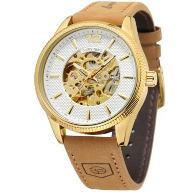 Imagem de FORSINING Relógio de pulso masculino mecânico minimalista com mostrador analógico simples e pulseira de couro, 2 - Ouro e branco, Clássico