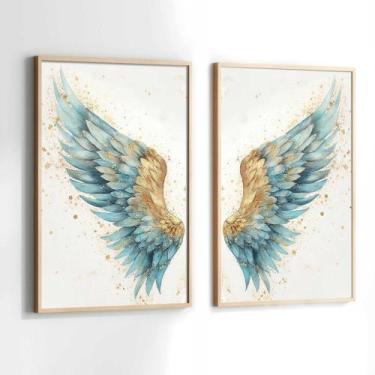 Imagem de Conjunto Quadros Decorativos com Moldura Asas Azul Dourada Kit 2 Quadr