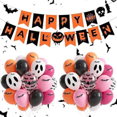 Imagem de 50pcs Halloween Party Decorations Including HAPPY HALLOWEEN Banner, 12inch Black White Pink Orange Latex Balloons and 3D Bats Wall Decor for Indoor