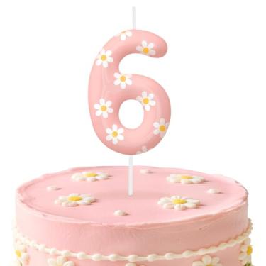 Imagem de Velas de aniversário rosa número 6, enfeite de bolo com tema de margarida para meninos e meninas, decorações de aniversário, suprimentos de festa, velas numéricas para decoração de festa