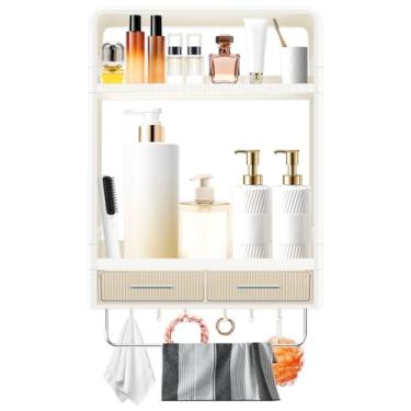 Imagem de Prateleiras de banheiro de plástico, prateleira de banheiro com 2 gavetas e barra de toalha, prateleira de chuveiro de camada dupla, organizador de chuveiro de plástico, organizador de parede sem
