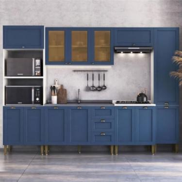Imagem de Armário Cozinha Americana Modulada Completa 305cm com Vidros Multimóveis CR20497 Azul