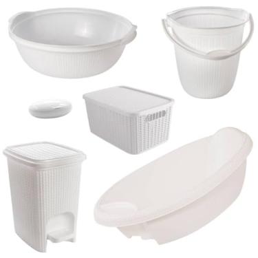 Imagem de Kit 6 Peças Banheira Bebê Trama Plasútil Bacia Balde Lixeira saboneteira infantil (Branco)