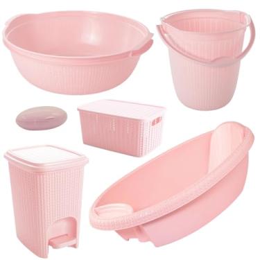 Imagem de Kit 6 Peças Banheira Bebê Trama Plasútil Bacia Balde Lixeira saboneteira infantil (Rosa)