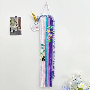 Imagem de Suporte de laço de cabelo de unicórnio, pendurar na parede de fio arco-íris, organizador decorativo de grampo de cabelo com design trançado, exibição de armazenamento de feltro para quarto de meninas