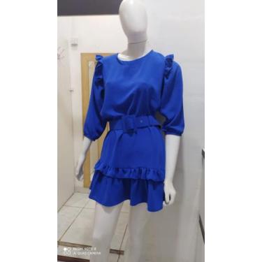Imagem de Vestido feminino azul marinho de manguinha longa e amarração na latera