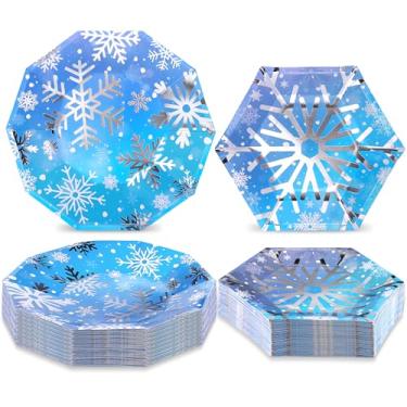 Imagem de durony Pacote com 100 pratos de festa de aniversário congelados placas de carimbo de prata floco de neve pratos de papel de floco de neve pratos de sobremesa de 23 cm e 18 centímetros para Natal inverno festa do país das maravilhas suprimentos congelados