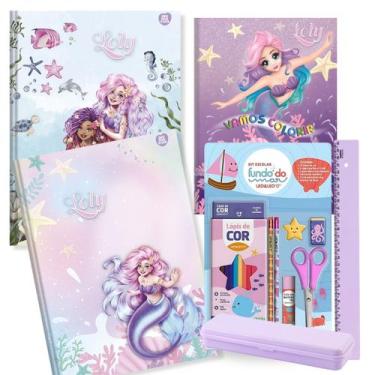 Imagem de Caderno Brochura Capa Dura Sereia Fundo do Mar Kit 2un + Kit Escolar 2
