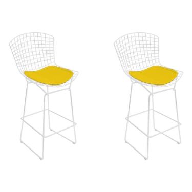 Imagem de Kit 2 Banquetas Bistrô Bertoia Branca D80 Com Assento Amarelo