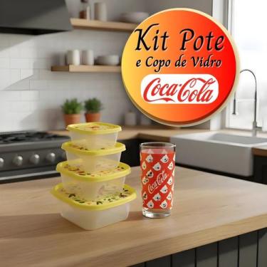 Imagem de Conjunto 4 Potes BPA Free Tampa Vedação com 1 Copo Vidro Coca-Cola 390