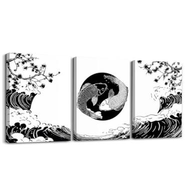 Imagem de Feelyou Arte de parede em tela Koi Fish para sala de estar quarto 30,5 cm x 40,6 cm 3 peças flores de cerejeira decoração de parede estilo japonês decorações de escritório arte pôsteres floral