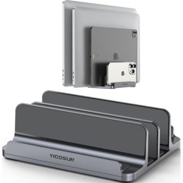 Imagem de Suporte vertical para laptop para mesa: 4 compartimentos de alumínio para mesa com base ajustável - serve para todos os MacBook/Surface/Samsung/HP/Dell/Chrome Book até 43.9 cm - cinza