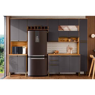 Imagem de Kit de Cozinha Completa 5 Peças Nápoli Prime (2Aéreos+1Balcão+1Paneleiro+1TorreQuente) C5P97 Amendoa/Chumbo - Ronipa